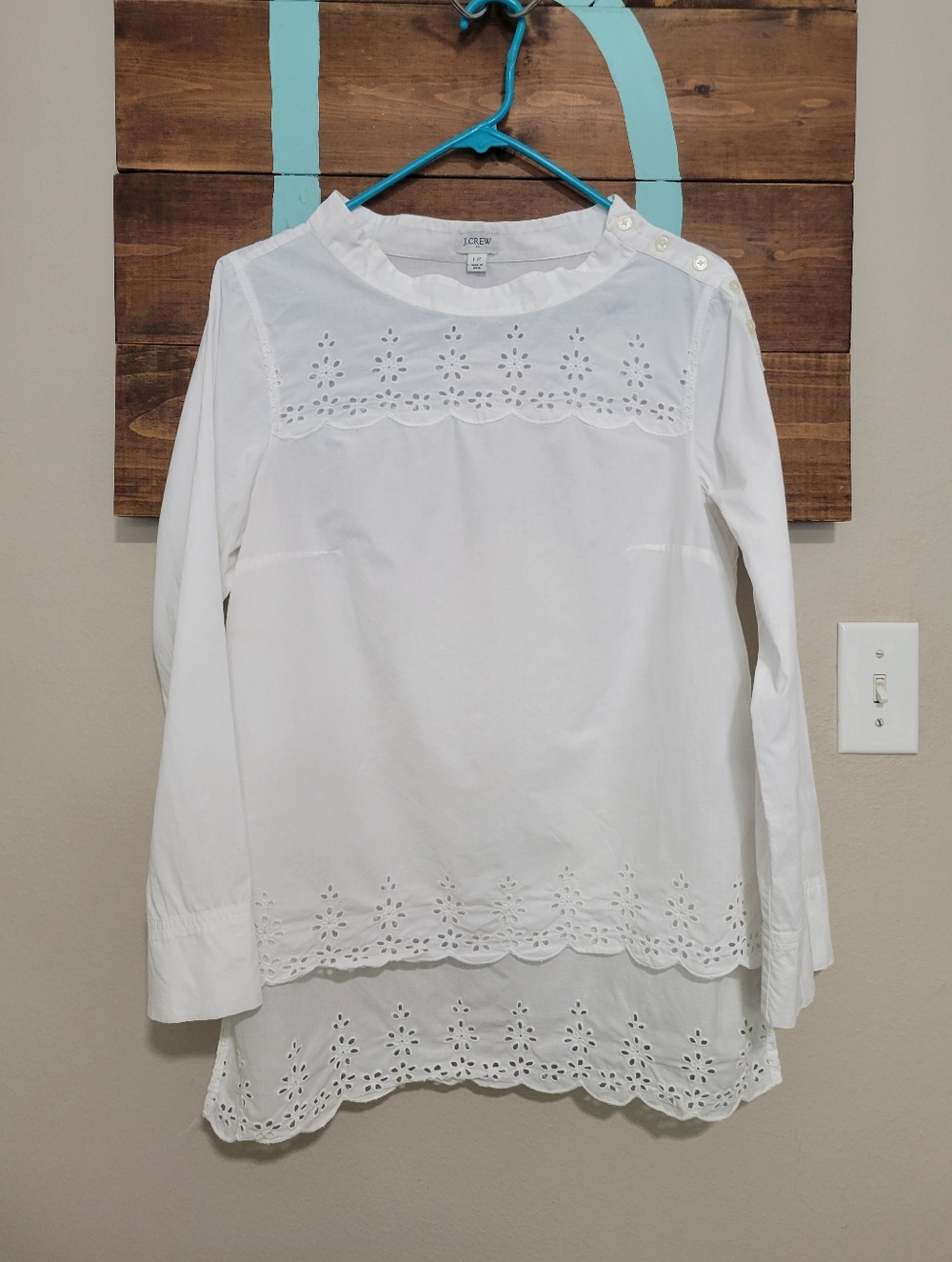 J. Crew White Long Sleeve High Low scalloped eyelet Hem Airy Timeless Top